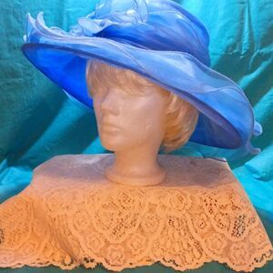 betmar Wide Brim Royal Blue Organza Church Hat